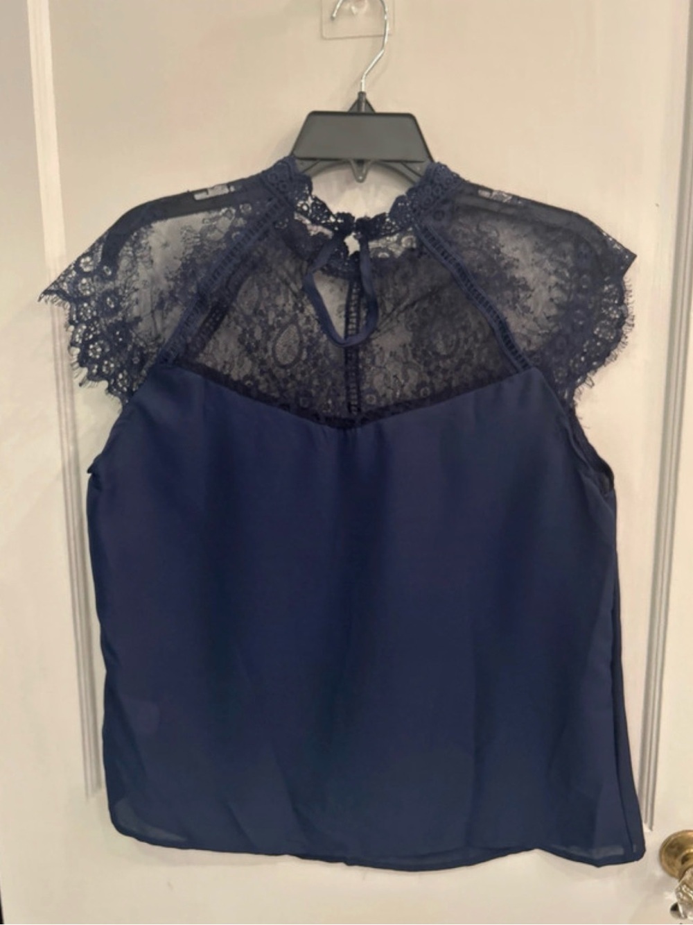 Navy Lace Yoke Sleeveless Blouse - Women NOWT fits M